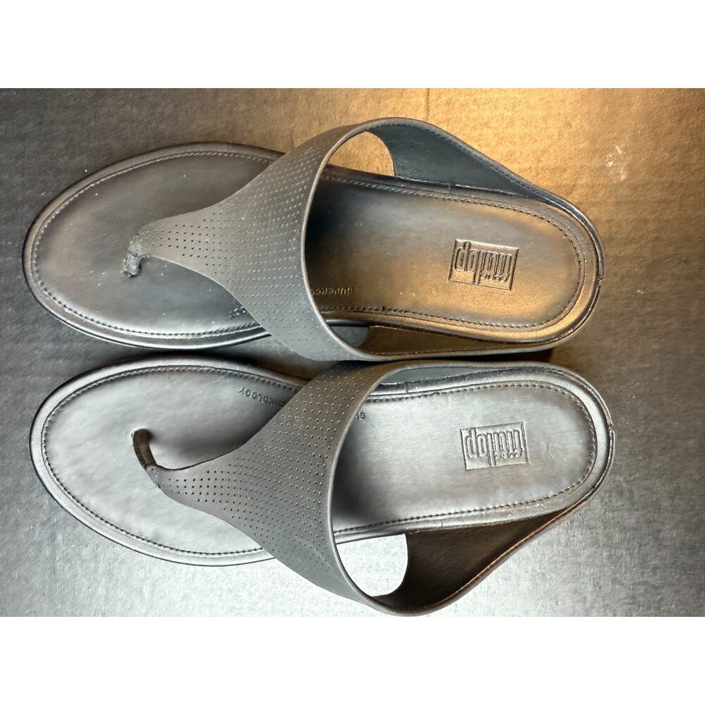 FitFlop Banda Sandals Women's Sz 7 Black Leather Comfort Thong Flip Flop Wedge - Picture 6 of 10